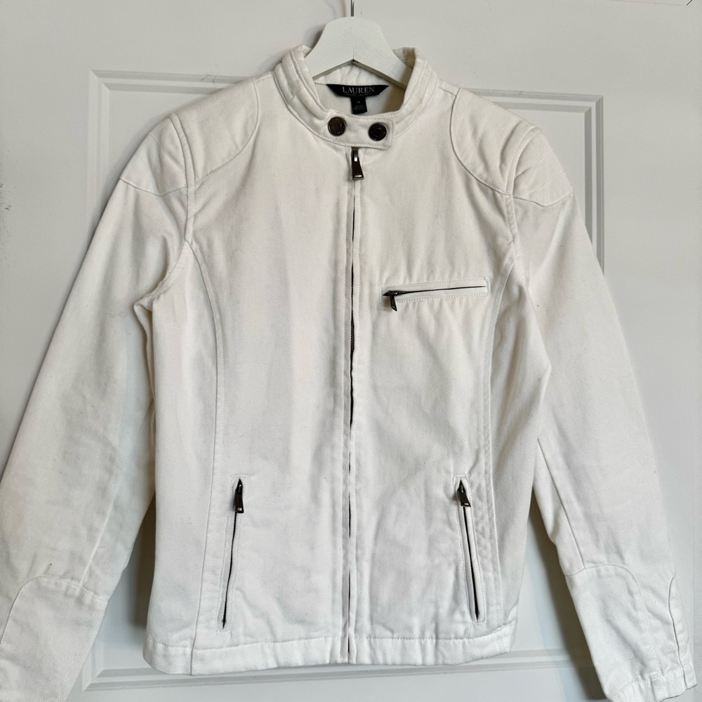 Lauren Ralph Lauren 100% Cotton White Moto Cafe Racer Jacket - Size M - Picture 10 of 10